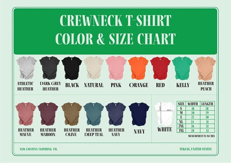 The image is a color and size chart for a crewneck t-shirt. It displays various crewneck t-shirt colors and sizes, including grey, black, pink, orange, red, peach, and navy, along with corresponding measurements.