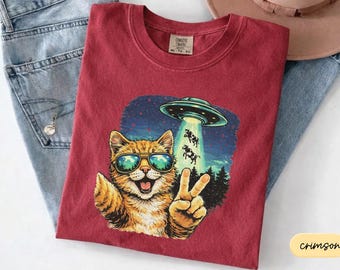 Comfort Colors® Cat UFO T-Shirt, Kitten Shirt, Cat Lovers Sweater, Alien Kitty Shirt, Nerdy Sweatshirt, Alien Kitty Shirt, Nerdy Sweater