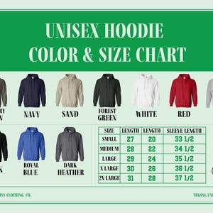 a poster showing the hoodie color and size chart