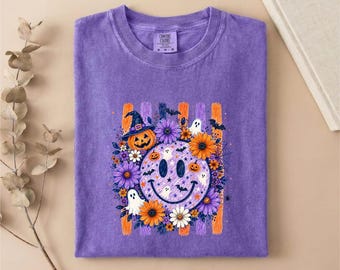 Comfort Colors® Smiley Halloween T-Shirt, Floral Pumpkin Sweatshirt, Spooky Shirt, Cute Ghost Tee, Fall Top, Halloween Lover Gift