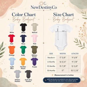 The image is a color chart and size chart for baby bodysuits, providing a visual guide for selecting the appropriate size based on the color and the corresponding measurements.
