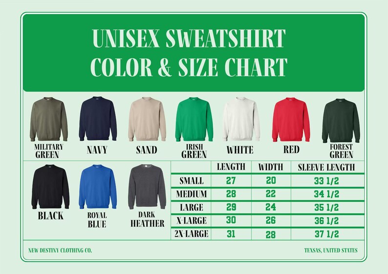 The image is a color and size chart for a unisex sweatshirt. It displays various color options and corresponding sizes, including military green, navy, sand, Irish green, white, red, forest green, black, royal blue, and x-large. The chart provides a visual guide for selecting the appropriate size based on the color preference.