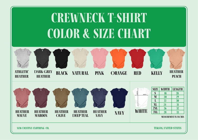 the crew neck t - shirt color and size chart