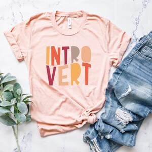May include: A pink t-shirt with the word "INTROVERT" printed in colourful block letters. The letters are in shades of orange, red, yellow, and brown.