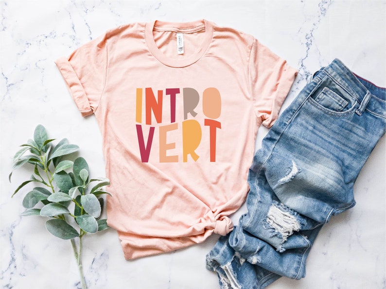 May include: A pink t-shirt with the word "INTROVERT" printed in colourful block letters. The letters are in shades of orange, red, yellow, and brown.