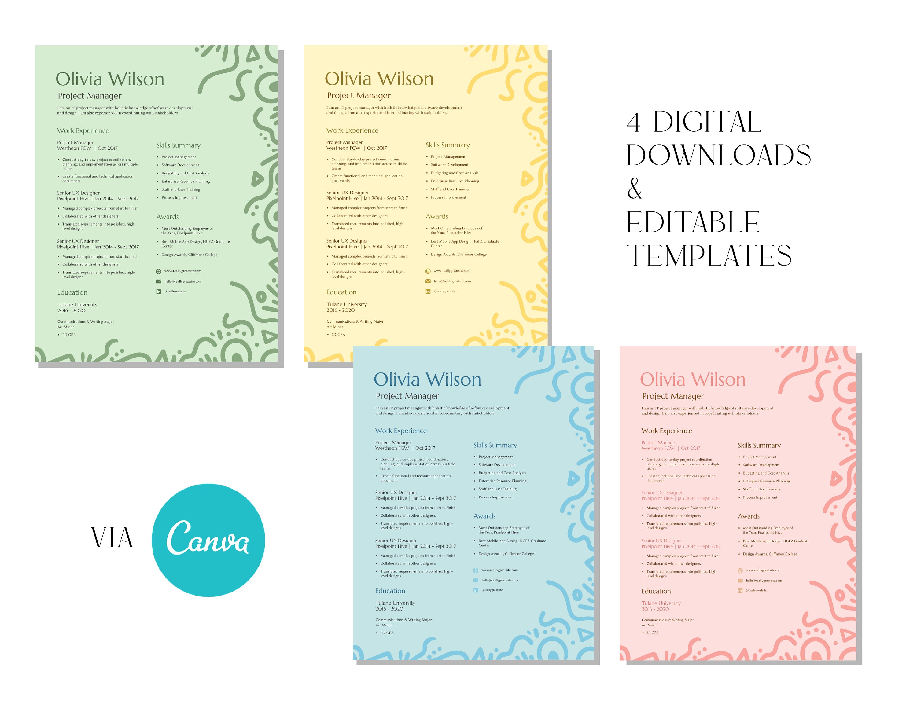 color-block-resume-cv-template-via-canva-4-page-pack-etsy