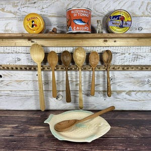 May include: Wooden spoons of various sizes and shades, displayed with a fish-shaped serving dish. Canned tuna products are on a shelf above. The spoons are made of different types of wood, showcasing natural grain patterns.