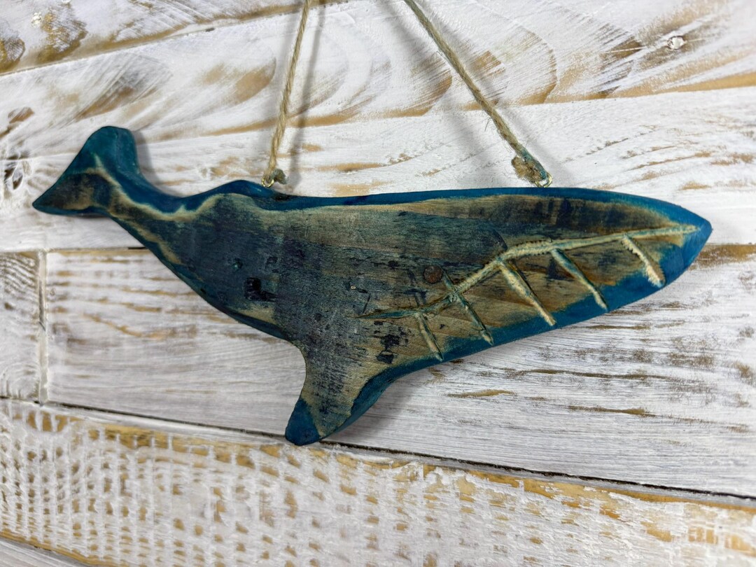 View of Hand-carved Wooden Blue Whale Figurine - Nautical Decor & Ocean Animal ...