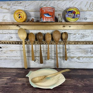 May include: A selection of wooden spoons in different sizes and shades of wood, set against a rustic, white-painted wooden background. The spoons are arranged with a fish-shaped plate and tinned goods on a shelf above. The cans have Italian text.