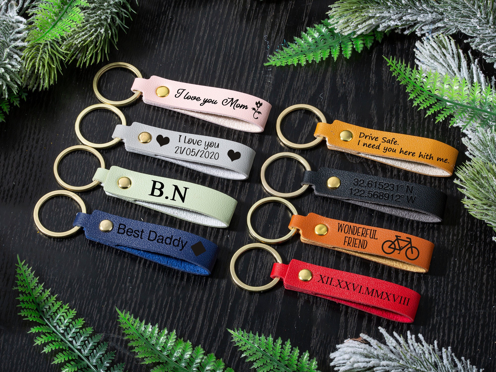 Leather Initial Keychain Custom Text Keychain Engraved Etsy