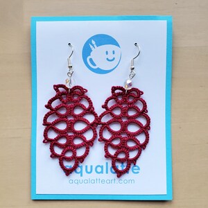 Tatted Lace Earrings -- fall leaf pattern in deep ruby red cotton thread