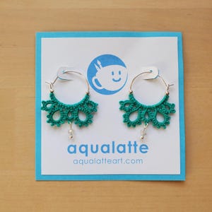 Tatted Lace Hoop Earrings -- petal pattern in jade green cotton thread