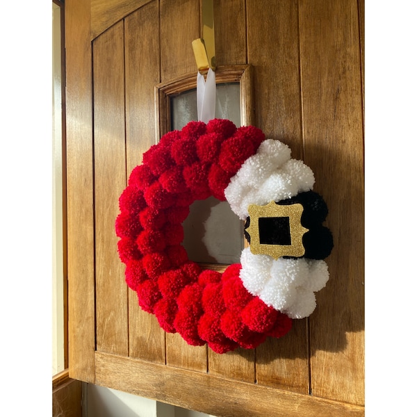 Handmade Santa belt Christmas Wreath, Pompom Wreath, Christmas Decoration, Festive, Door Wreath