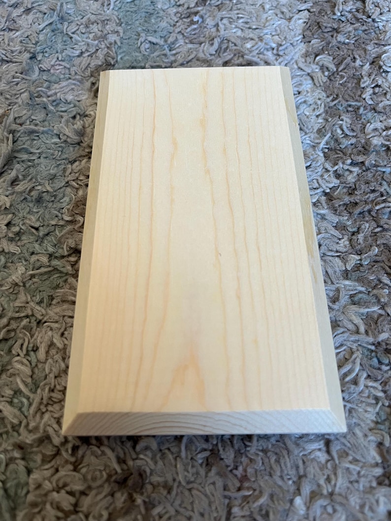 K&ouml;nnte beinhalten: Ein rechteckiges, unfertiges Holzschild mit heller, nat&uuml;rlicher Holzmaserung. Das Schild hat eine abgeschr&auml;gte Kante, die einen subtilen Rahmen um die Hauptfl&auml;che bildet. Das Holz ist glatt und etwa 20 cm lang.