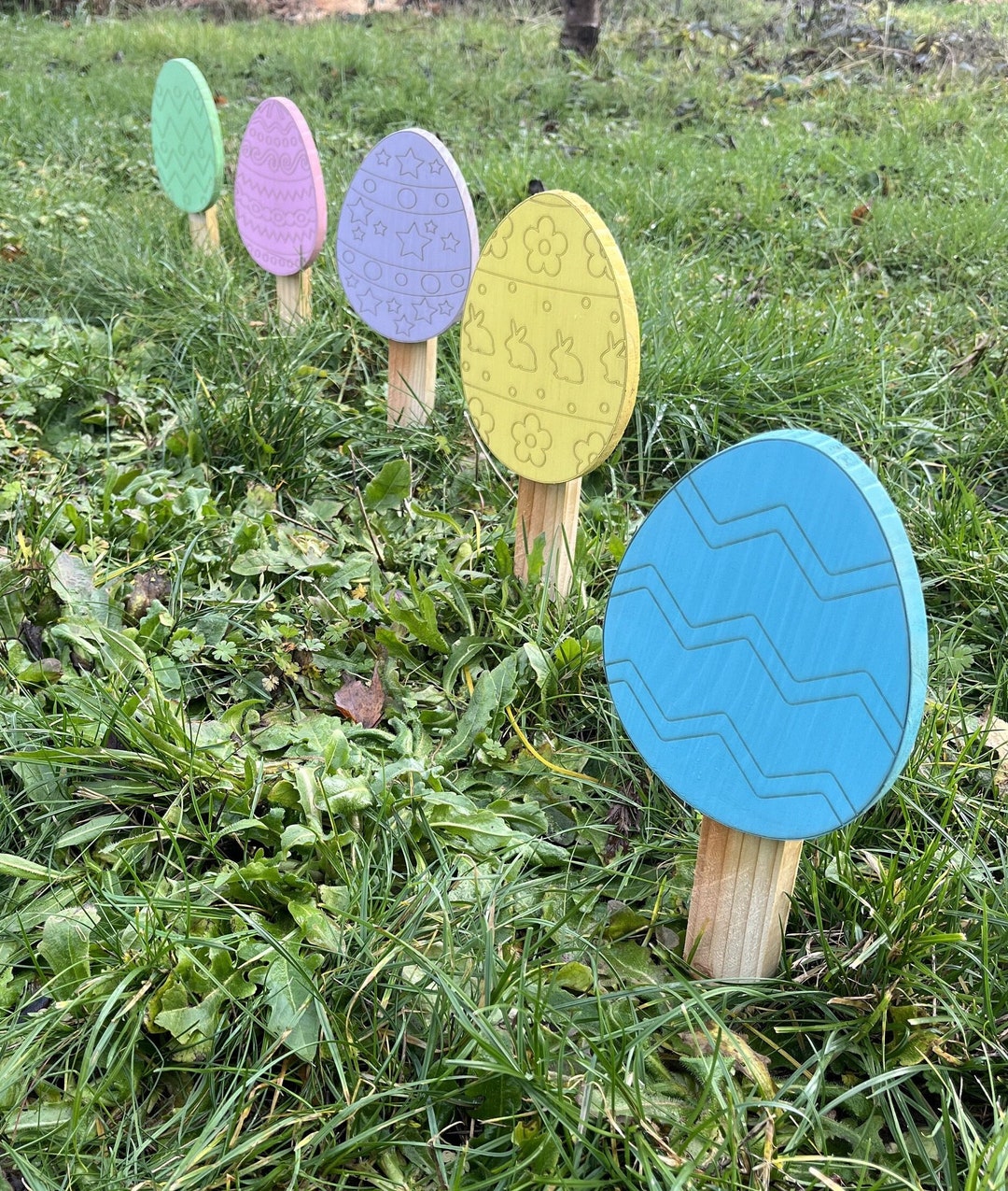 5piece Engraved Wooden Easter Yard Decorations, Laser Engraved Easter