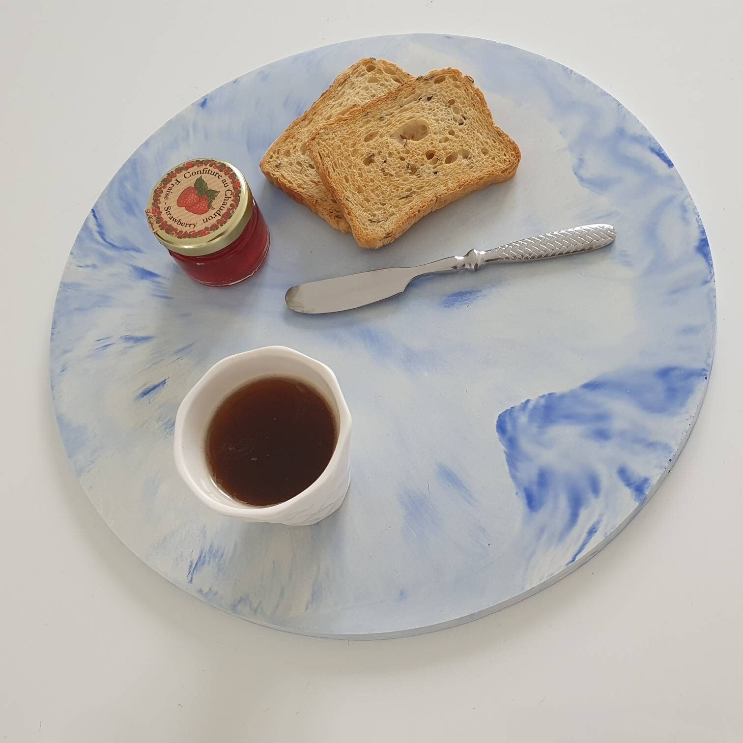 Plateau Rond en Béton Bleu Marbré