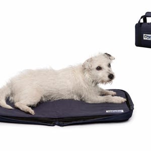 May include: A small, wire-haired white dog lying on a rectangular, navy blue pet mat. A matching navy blue carrying case with a handle and a white label reading Pup Pac Settle Mat is positioned in the upper right corner of the frame.