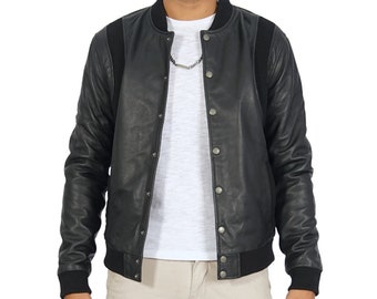 Boston Harbour Charlie Black Sheep Leather Bomber Jacket Mens - Cafe Racer Style