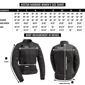 Op de afbeelding: Een maattabel voor dames motorjassen, met maten voor borst, taille, sweep, ruglengte, mouwlengte en schouder in inches. De tabel omvat maten XS tot 5X.