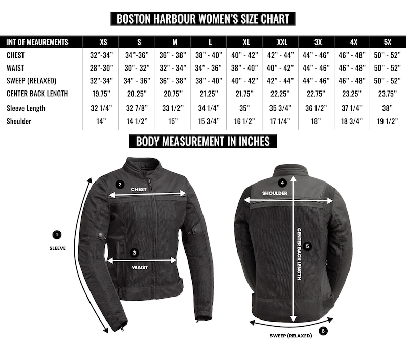 Op de afbeelding: Een maattabel voor dames motorjassen, met maten voor borst, taille, sweep, ruglengte, mouwlengte en schouder in inches. De tabel omvat maten XS tot 5X.