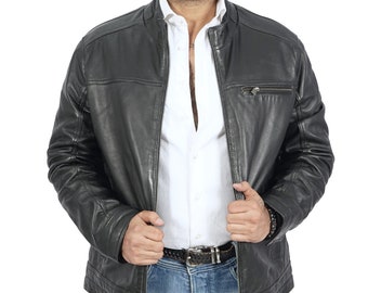 Men's Genuine Leather Jacket | B H Ace Black Biker Jacket | Winter Leather Bomber Coat for Men | Real Sheep Leather Motorcycle Jacket