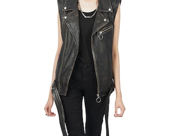 Handmade Black Leather Vest: Women's Sheepskin Motorcycle Jacket