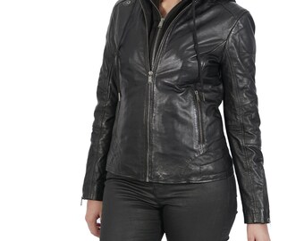 Hooded Black Sheep Leather Jacket: Women's Winter Biker Jacket