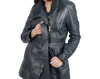 Boston Harbour Daniela Fashion Leather Jacket Women - Navy Blue Ladies Leather Jacket, Sizes S-3XL
