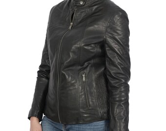 Sylvia Black Sheepskin Leather Biker Jacket - Women's Cafe Racer