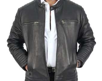 Dave Biker Men’s Black Leather Biker Style Jacket: Quilted Panels, Modern Fit