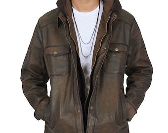 Men's Brown Waxy Leather Bomber Jacket with Hoodie – Cowhide Rib Knit Details