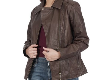 Boston Harbour Kiara Women's Genuine Leather Fashion Jacket - Brown Asymmetrical Zip Up Coat