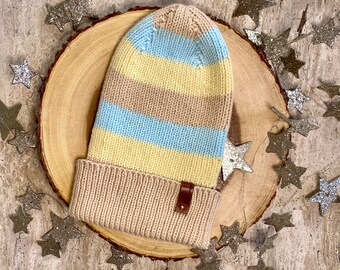 Hand Knitted Beanie for Kids, Knitted Toddler Slouchy Hat, Merino Wool Hat fot Teen, Handmade Unisex Beanie, Winter Beige/Blue Hat for Baby