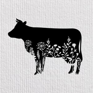 Flores de vaca svg, vaca floral png, placa de casa, arquivo kine, impressão de berçário de animais de fazenda, clipart de estêncil de vaca, animal de flor Cricut, silhueta