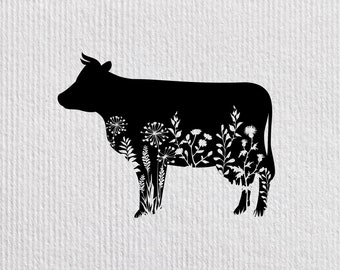 Cow flowers svg, floral cow png, house sign, kine file, farm animals nursery print, cow stencil clipart, flower animal Cricut, Silhouette