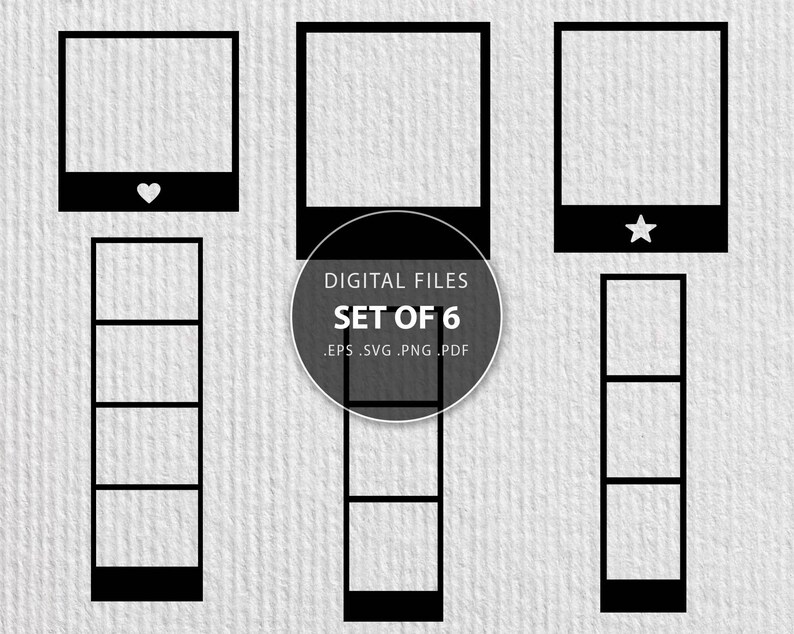 May include: Set of six black and white photo frame templates. The frames include a heart, a star, and a three-section vertical frame. The text "DIGITAL FILES SET OF 6 .EPS .SVG .PNG .PDF" is included in the image.