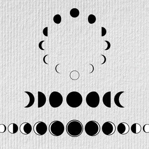 May include: A black and white illustration of the phases of the moon. The illustration shows the moon in different stages of its cycle, from a new moon to a full moon.