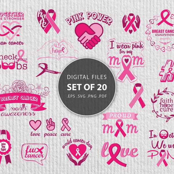 Breast cancer svg bundle, cancer awareness files print, pink power, ribbon svg, PDF, SVG, PNG, eps, cancer aids files for Cricut, Silhouette