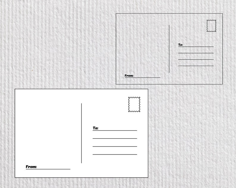 May include: Two blank white postcards with lines for "To:" and "From:" and a space for a stamp.