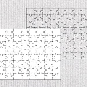 May include: Two blank white jigsaw puzzles with black outlines. The puzzles are arranged side by side, with the larger puzzle on the right and the smaller puzzle on the left.