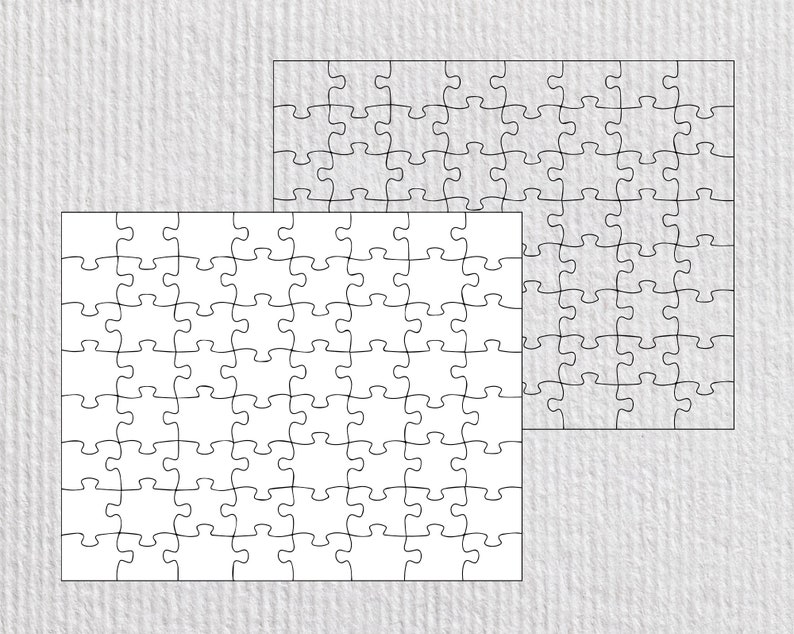 May include: Two blank white jigsaw puzzles with black outlines. The puzzles are arranged side by side, with the larger puzzle on the right and the smaller puzzle on the left.