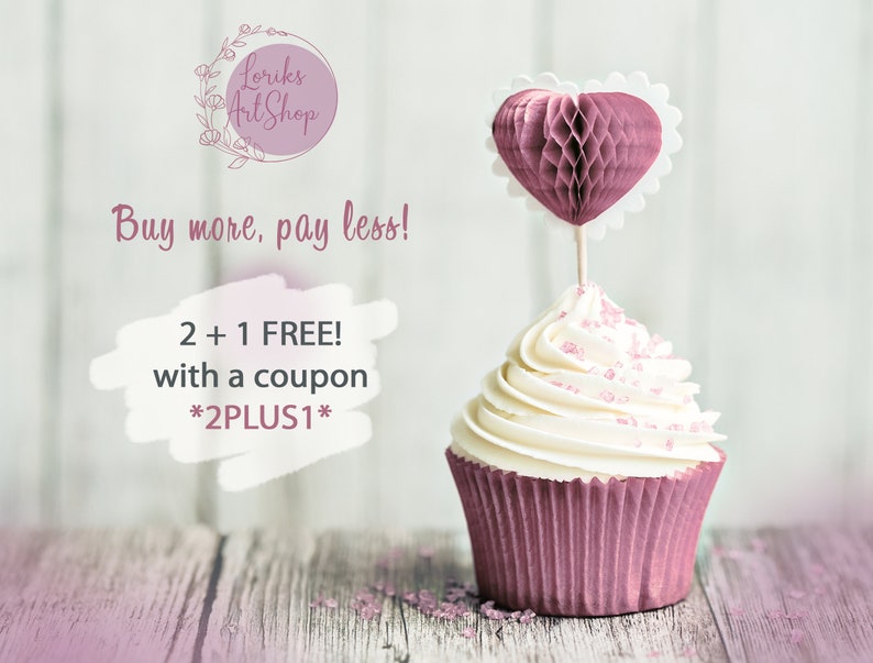 May include: A pink cupcake with white frosting and pink sprinkles topped with a pink honeycomb heart. The cupcake is sitting on a wooden surface. The text "Buy more, pay less! 2 + 1 FREE! with a coupon *2PLUS1*" is written on a white background.