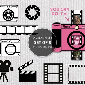 May include: A set of eight digital files for crafting projects, featuring camera, film strip, and movie camera icons. The files are available in SVG, EPS, PNG, and PDF formats. The text "You Can Do It" is included in the image.