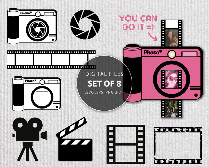 May include: A set of eight digital files for crafting projects, featuring camera, film strip, and movie camera icons. The files are available in SVG, EPS, PNG, and PDF formats. The text "You Can Do It" is included in the image.
