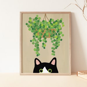 Green eyes tuxedo Cat print - cat Lover Art - Black Cat Houseplants digital download, Boho Printable Wall art Minimal Downloadable