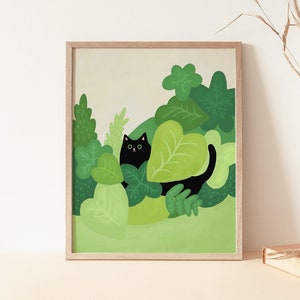 Plant Cat Print, Black Cat printable digital download Crazy Cat Lady, Boho Printable wall art Neutral living room beige Minimal Downloadable