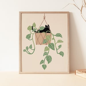 House Plant Cat Art, Black Cat Art Print, Black Cats Plant print art, Cat printable poster, Cat lover gift,Kids room decor, Digital download