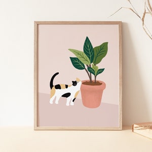 Calico cat poster, Cat plant print, Digital download, Cat lover gift, Plant illustration, Cat minimal art, Boho cat art print, Nursery decor