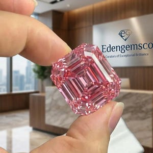 Pode incluir: Uma grande gema rosa facetada, segurada entre os dedos. A gema tem uma forma retangular com múltiplas facetas, refletindo a luz. A imagem inclui o texto "Edengemsco, Curators of Exceptional Brilliance".