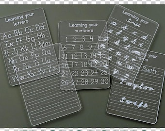 Letters cijfers naam overtrekbord | Droog wissen overtrekken | Handschriftoefeningen |  Montessori | Materialen voor thuisonderwijs
